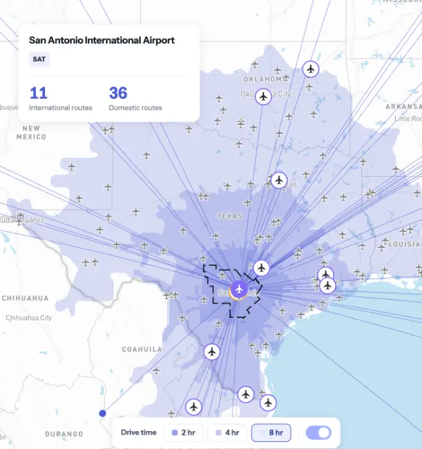 A logistics map of San Antonio International Airport routes and drive times, published by Localintel