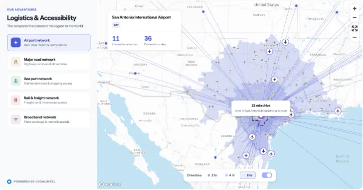Logistics & Accessibility dashboard for Greater SATX: San Antonio airport network and drive times