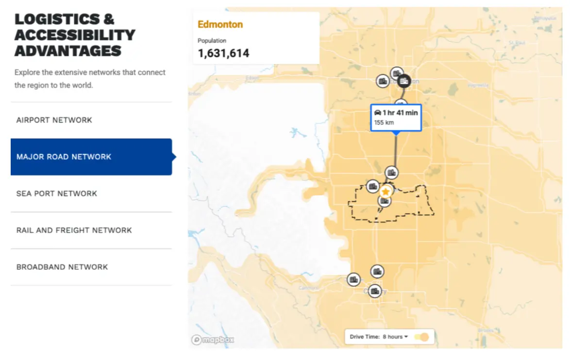 Logistics and Accessibility dashboard: major road network and drive times from a community to nearby cities