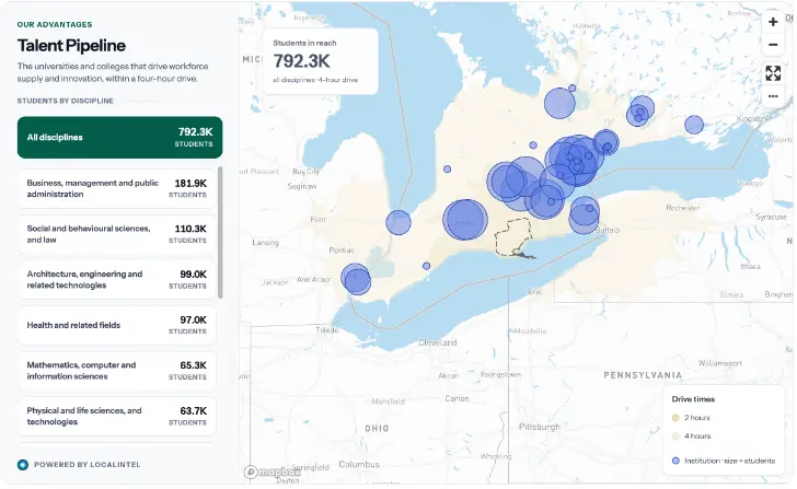 Talent Pipeline dashboard for Norfolk County: students in reach within a four-hour drive